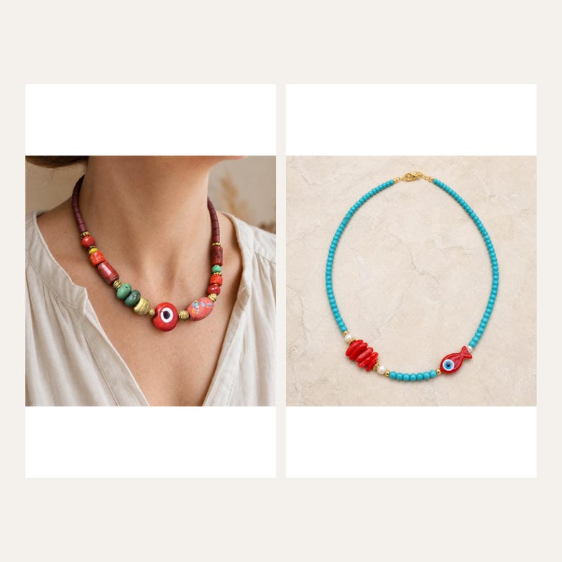 May include: Two necklaces are displayed. The first is a multi-colored beaded necklace with red, green, and brown cylindrical beads and a central red evil eye charm. The second is a turquoise beaded necklace with red coral-like segments and a red fish charm.