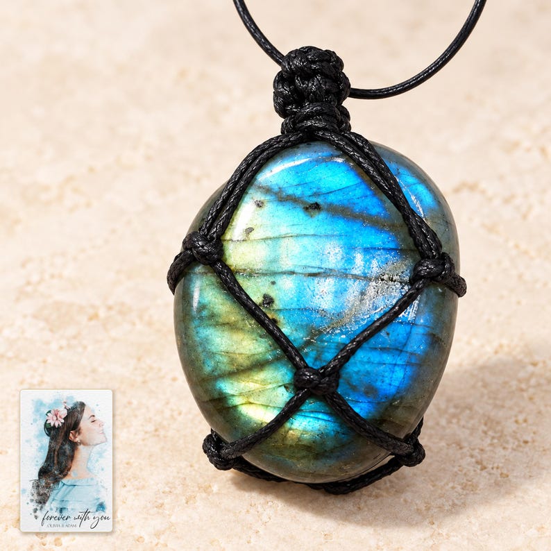 Labradorite Pendant Necklace, hero view. A personalized digital greeting card is shown alongside.