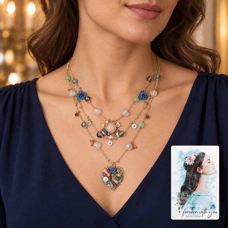Bohemian Heart Cascade Necklace worn by an adult in a polished evening lifestyle scene. A personalized digital greeting card is shown alongside.