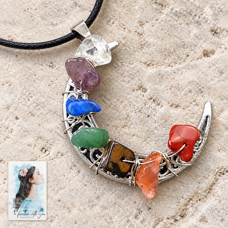 Rainbow Chip Moon Necklace, shown on a display surface. A sample personalized digital greeting card is shown alongside.