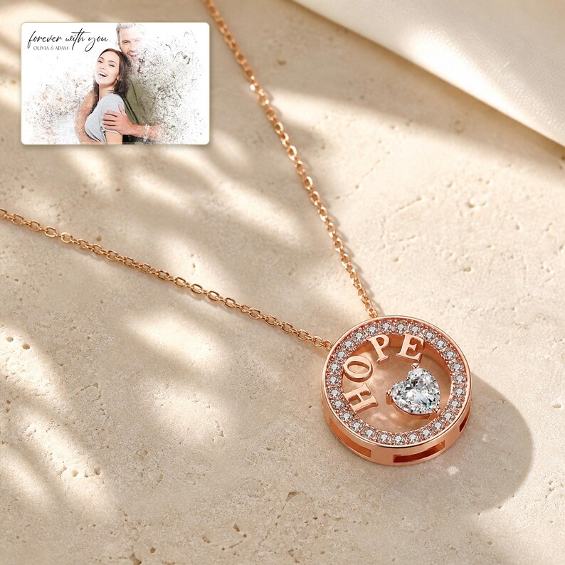 Rose Gold inspirational HOPE necklace in warm natural window light with a refined everyday lifestyle mood.