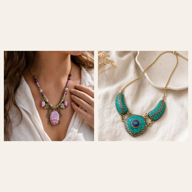 May include: Two necklaces are displayed. The first is a gold-tone chain with purple speckled beads and a large central purple pendant. The second is a gold-tone chain featuring three turquoise-colored stone segments and a central blue circular inlay.