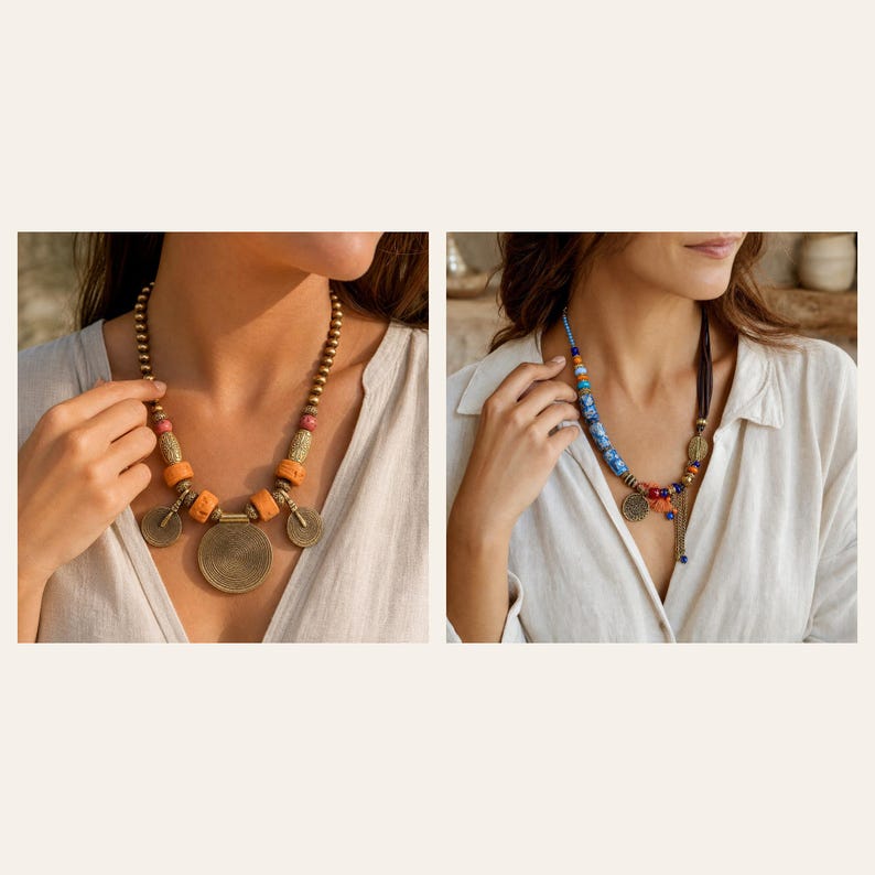 May include: A necklace featuring a large central brass disc, smaller side discs, and orange cylindrical beads on a brass chain, alongside a second necklace with blue patterned beads, small charms, and a dark cord, both worn with light-colored shirts.