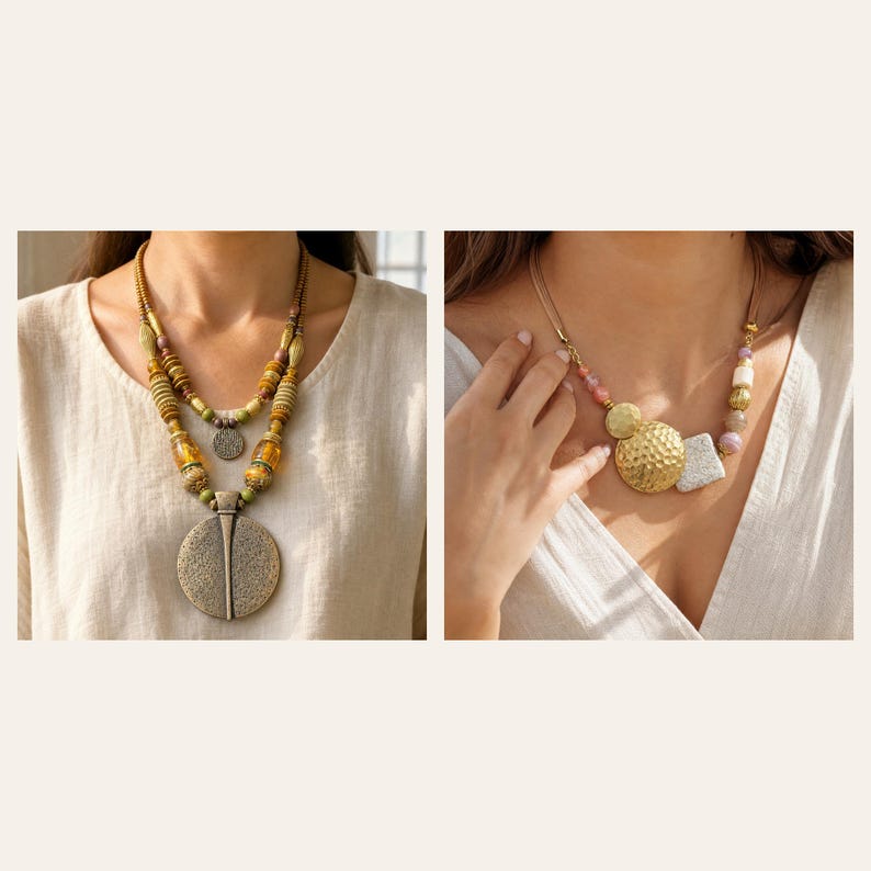 May include: Two necklaces. The left necklace features layered strands of amber, green, and metallic beads with a large, circular, textured pendant. The right necklace consists of a cord with assorted beads and a large, hammered gold-tone circular pendant.