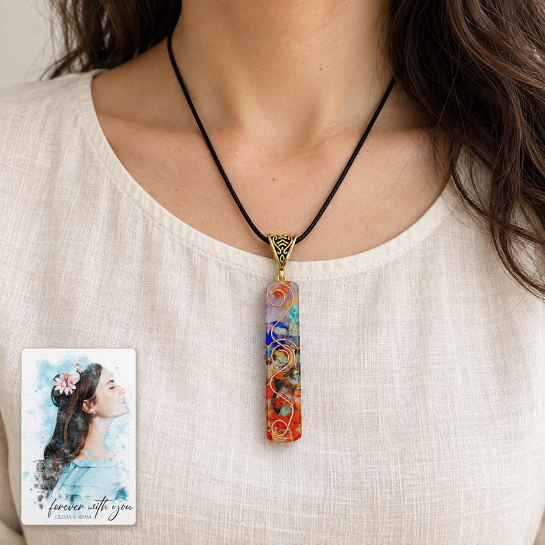 Colorful Bar Pendant Necklace, worn lifestyle view. A personalized digital greeting card is shown alongside.