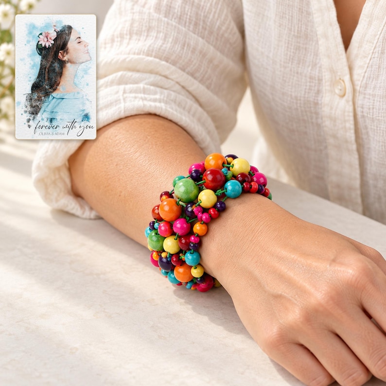 Rainbow Bead Bracelet worn by an adult model for styling and everyday styling. A personalized digital greeting card is shown alongside.
