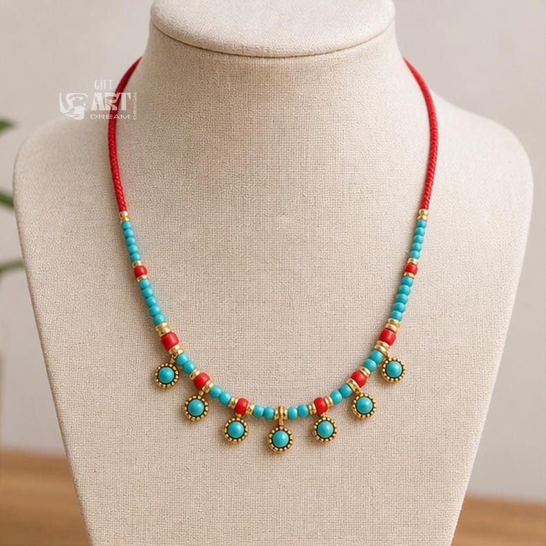 Turquoise and Red Beaded Charm Necklace, Gold Tone Boho Jewelry image 3