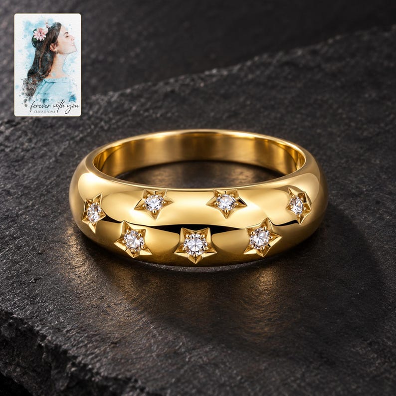 Star Set Moissanite Ring, shown against a dark background. A sample personalized digital greeting card is shown alongside.