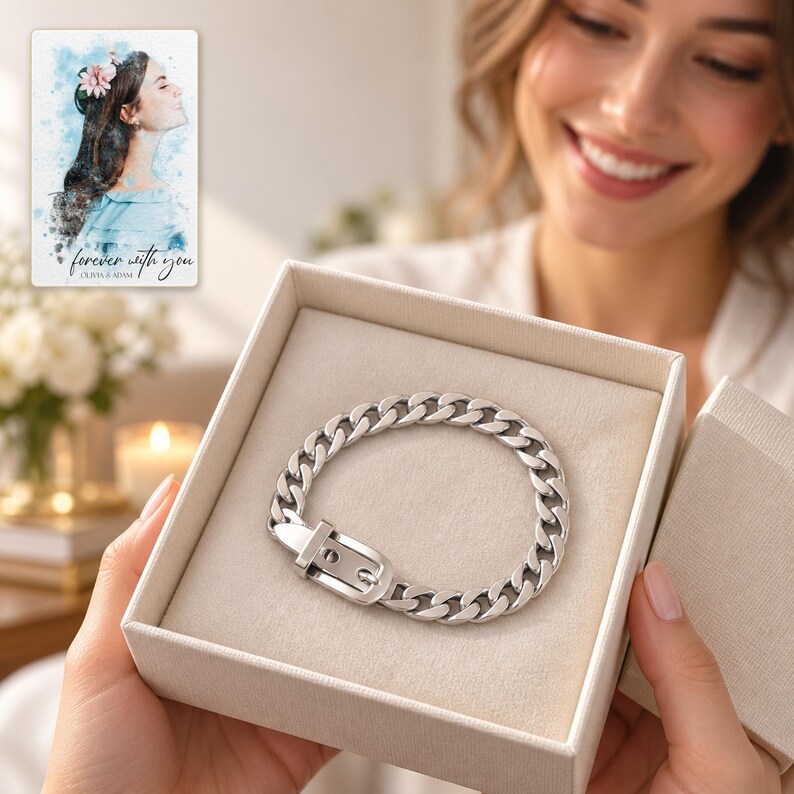 An adult woman receiving an open ivory jewelry box with the silver tone curb-chain belt bracelet visible. A personalized digital greeting card is shown alongside.