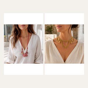 May include: A long red cord necklace featuring a cluster of red and gold-toned charms, alongside a gold-toned choker necklace with multiple draped chains and small spherical accents, both worn over a white V-neck top with rolled sleeves.
