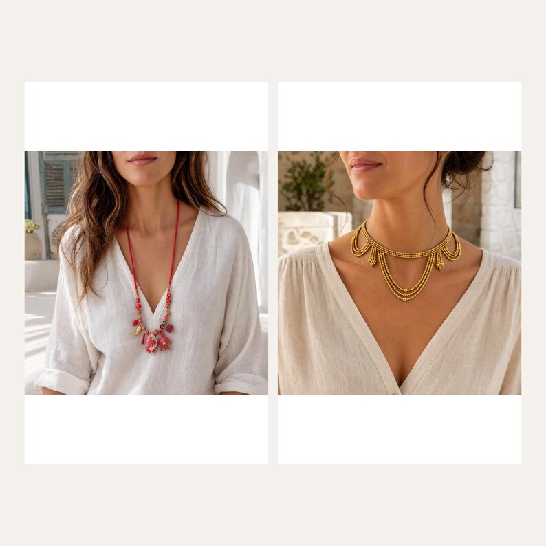 May include: A long red cord necklace featuring a cluster of red and gold-toned charms, alongside a gold-toned choker necklace with multiple draped chains and small spherical accents, both worn over a white V-neck top with rolled sleeves.