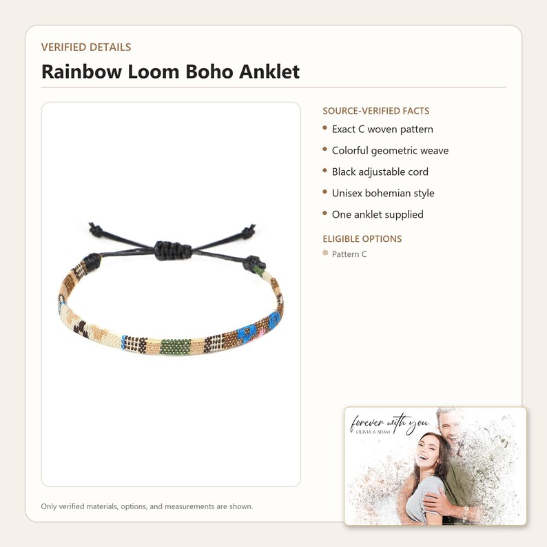May include: A woven anklet featuring a colourful geometric pattern with segments of tan, blue, green, and brown. The anklet includes a black adjustable cord with sliding knots, allowing for a customisable fit around the ankle or wrist.