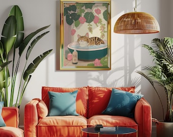 Poster Ukiyo-e Style Tabby Cat in Bathtub – Minimalist Japanese Art Print