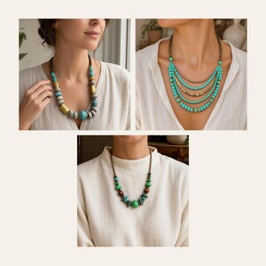 May include: Three necklaces featuring various bead styles. One necklace has large grey, blue, and gold-toned cylindrical beads. Another is a multi-strand turquoise and metallic beaded necklace. The third is a single-strand green and brown bead necklace.