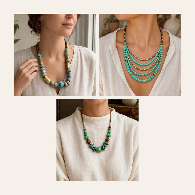 May include: Three necklaces featuring various bead styles. One necklace has large grey, blue, and gold-toned cylindrical beads. Another is a multi-strand turquoise and metallic beaded necklace. The third is a single-strand green and brown bead necklace.