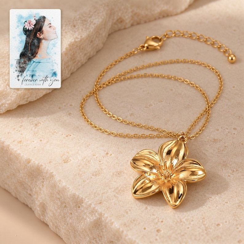Gold Tone Flower Necklace, shown on a display surface. A sample personalized digital greeting card is shown alongside.