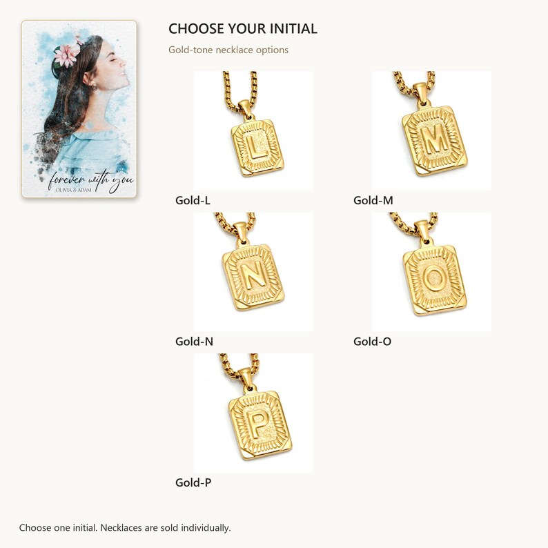 Available options. Initial Letter Necklace. A personalized digital greeting card is shown. Select the pictured option when ordering.
