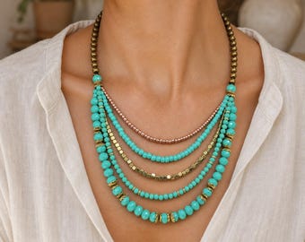 Gray and Silver Tone Boho Beaded Necklace, Layered Artisan Jewelry