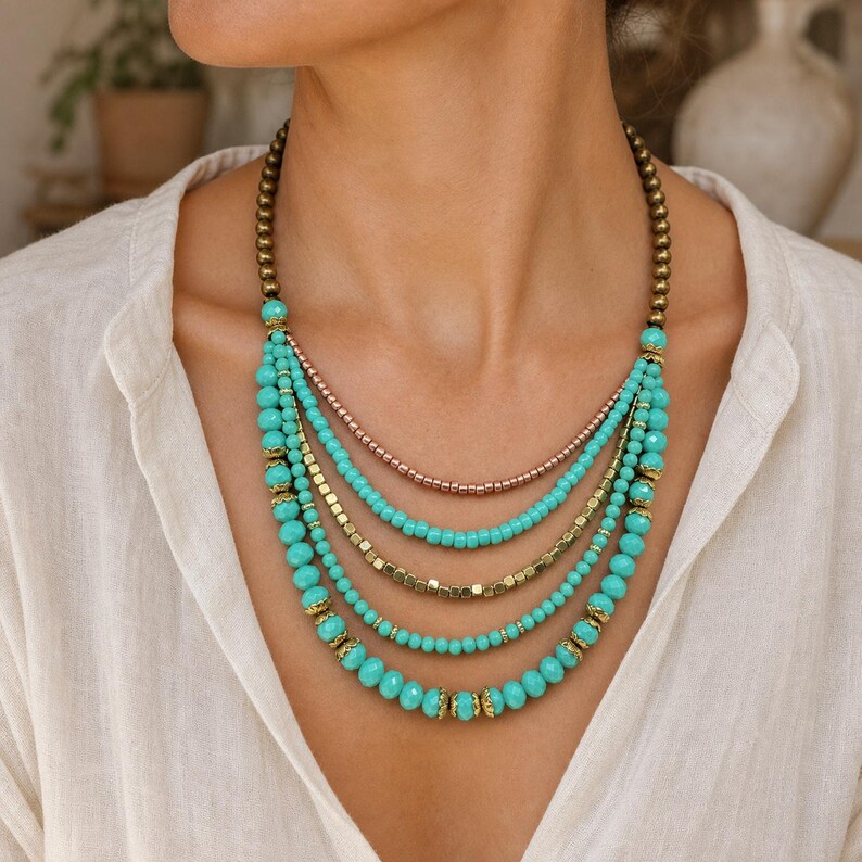 Gray and Silver Statement Beaded Necklace presented in an open jewelry gift box on natural linen
