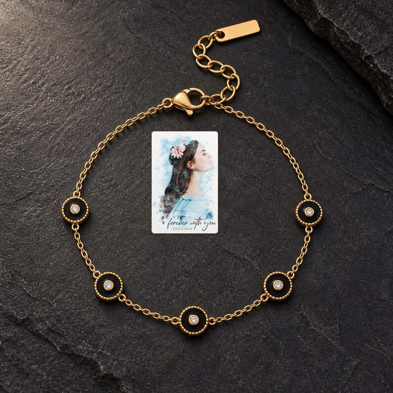 Black Disc Bracelet, shown against a dark background. A sample personalized digital greeting card is shown alongside.
