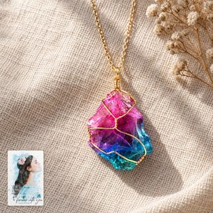 Rainbow Stone Necklace, laid on fabric. A sample personalized digital greeting card is shown alongside.