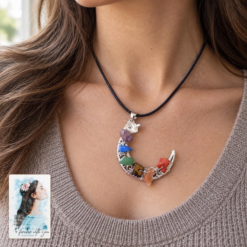 Rainbow Chip Moon Necklace, worn with evening clothing. A sample personalized digital greeting card is shown alongside.