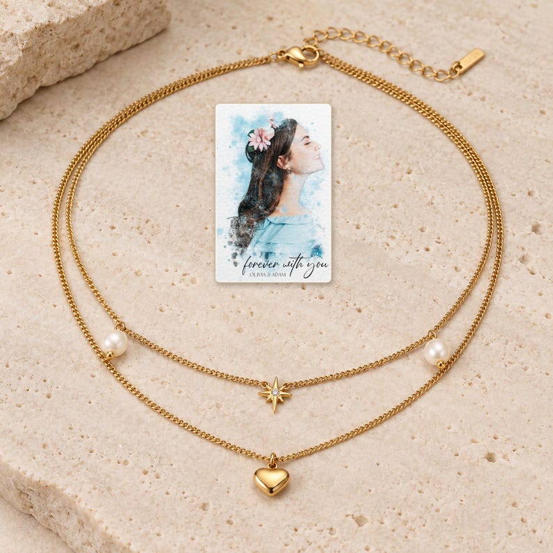 Layered Heart Necklace, shown on a display surface. A sample personalized digital greeting card is shown alongside.
