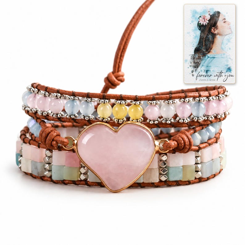 Pastel Heart Wrap Bracelet shown on a clean white catalog background for an unobstructed product view. A personalized digital greeting card is shown alongside.