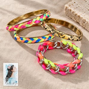 Colorful Woven Bracelet Set, laid on fabric. A sample personalized digital greeting card is shown alongside.