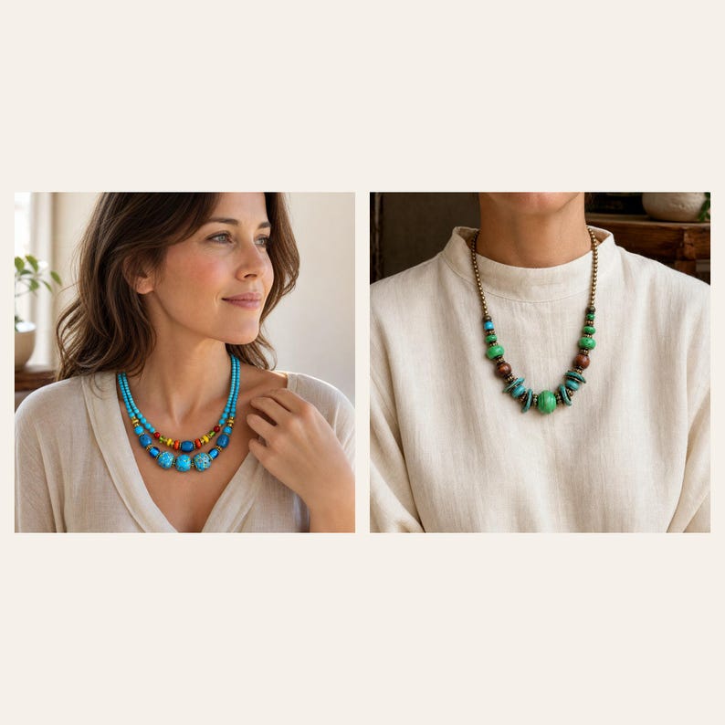 Puede incluir: Un collar de dos hileras con cuentas azules, turquesas y rojas con detalles dorados, y un collar de una hilera con cuentas verdes, turquesas y marrones en una cadena met&aacute;lica. Ambos collares se llevan puestos sobre una prenda beige.
