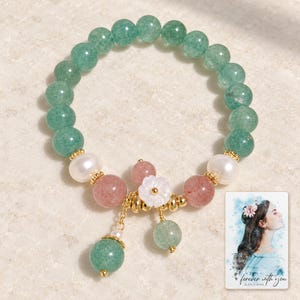 Forest Strawberry clear accents Bracelet shown as the main Etsy hero photograph with a clear view of the complete design. A personalized digital greeting card is shown alongside.