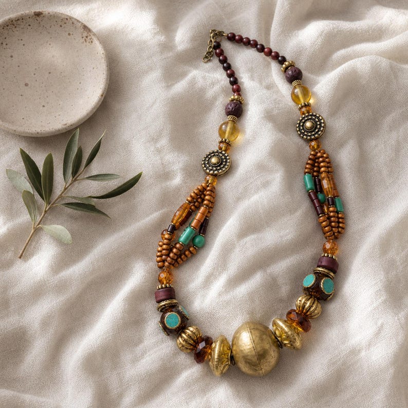 Rose Gold and Brown Statement Beaded Necklace presented in an open jewelry gift box on natural linen