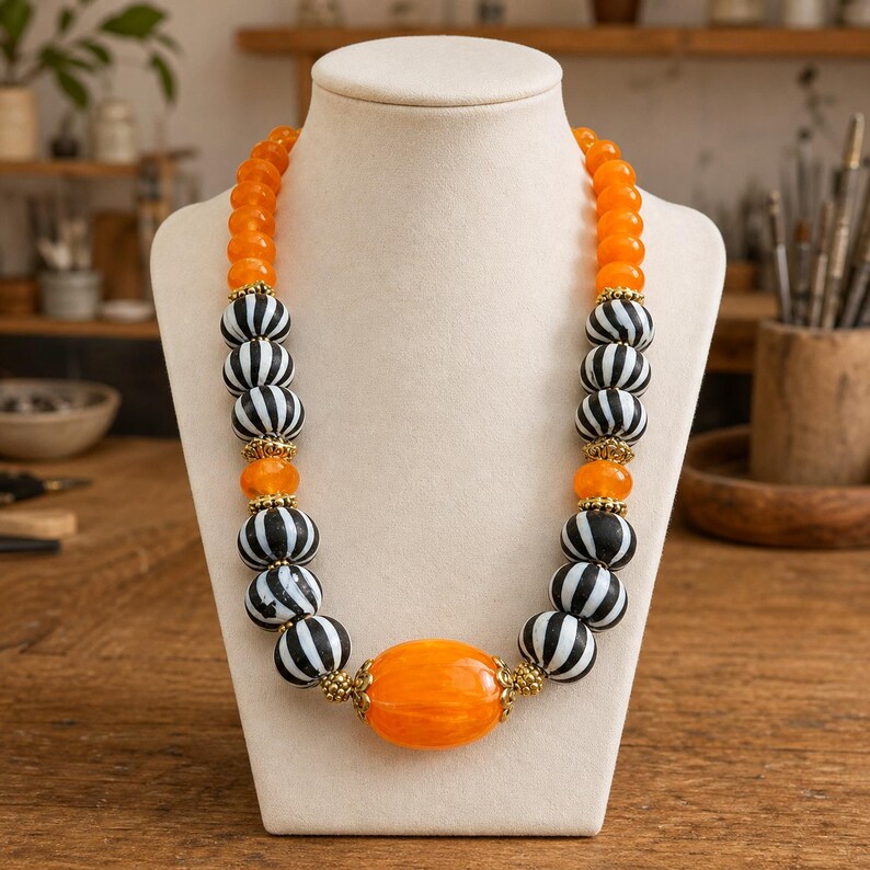 Orange and Brown Statement Beaded Necklace shown individually as a coordinating option for the mix and match necklace set