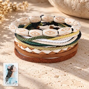 Layered Woven Bracelet, shown in natural light. A sample personalized digital greeting card is shown alongside.