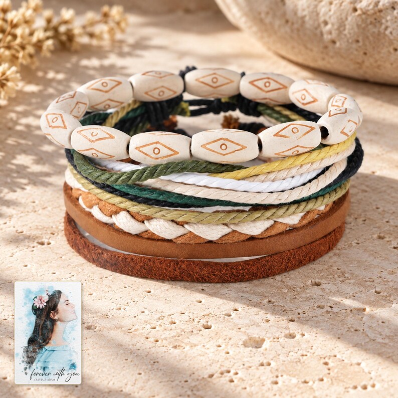 Layered Woven Bracelet, shown in natural light. A sample personalized digital greeting card is shown alongside.