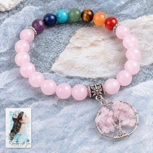 Pink Bead Tree Charm Bracelet, close-up of the details. A sample personalized digital greeting card is shown alongside.