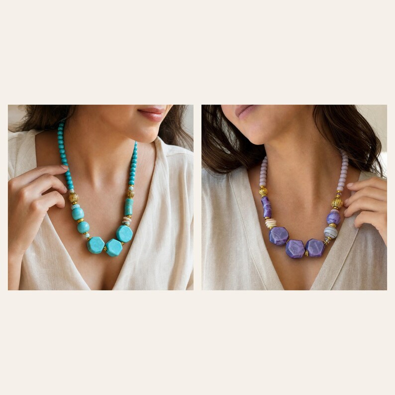 May include: A turquoise beaded necklace featuring round and hexagonal beads with gold-toned spacers and a lavender beaded necklace featuring round and hexagonal beads with gold-toned spacers, both worn against a plain white top.