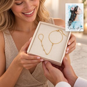 Golden Three stone style Hand Chain shown during a warm gift-receiving moment between adults with the jewelry visible. A personalized digital greeting card is shown alongside.