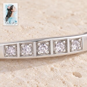 Moissanite Band Ring, close-up of the details. A sample personalized digital greeting card is shown alongside.