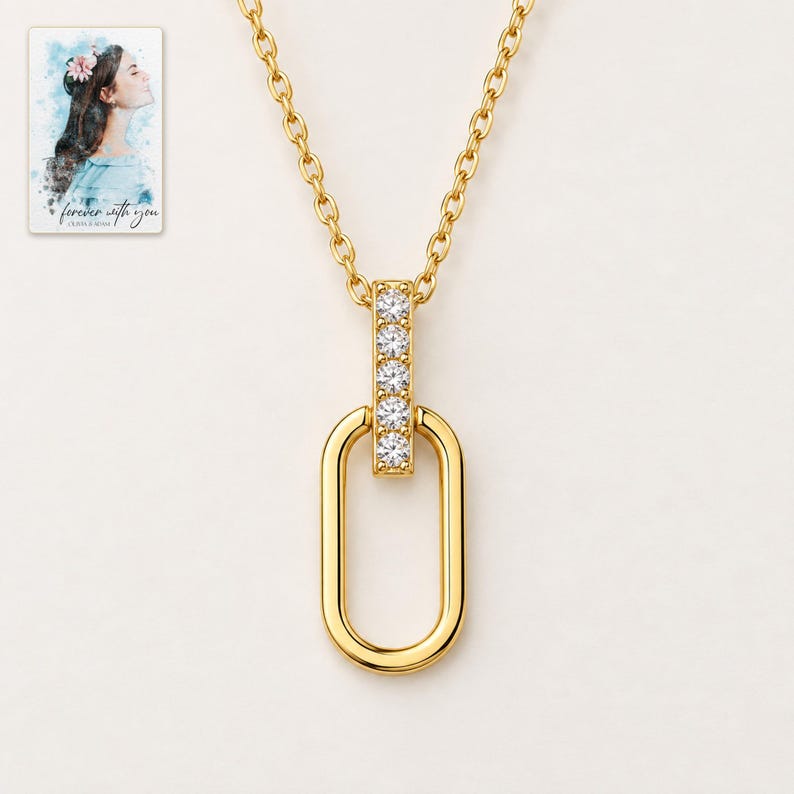 Oval Link Moissanite Necklace, shown against a light background. A sample personalized digital greeting card is shown alongside.