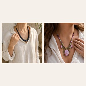 May include: A dark blue beaded necklace with graduated round beads and a multi-layered necklace featuring purple textured oval stones, metallic filigree accents, and small purple beads on a gold-toned chain, both worn with a white linen shirt.