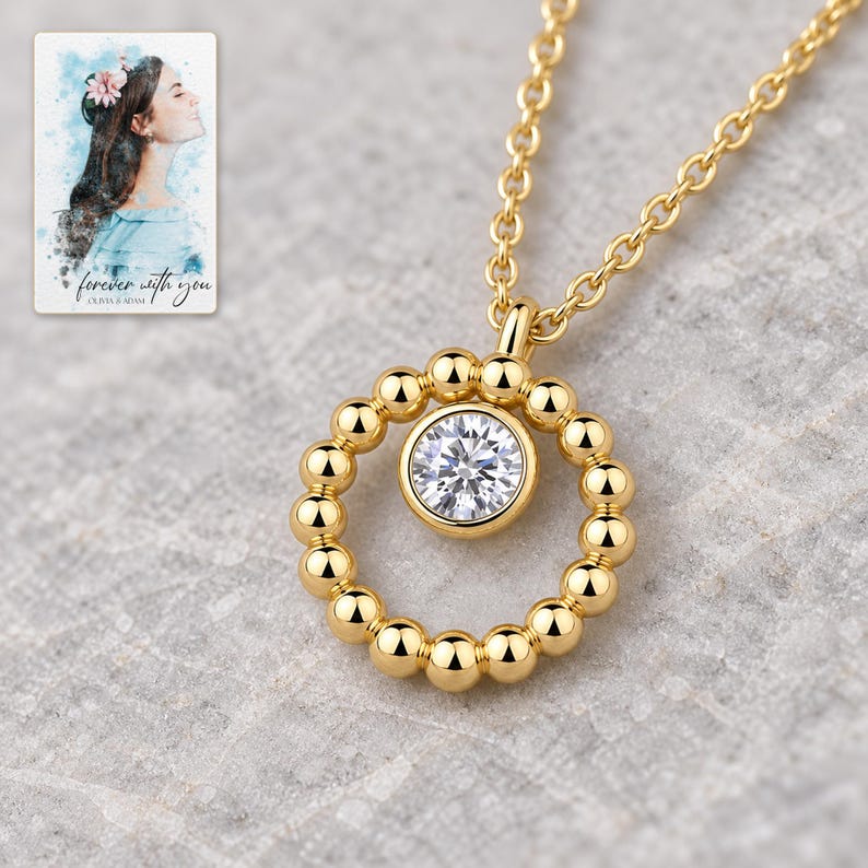 Moissanite Circle Necklace, macro detail view. A personalized digital greeting card is shown alongside.
