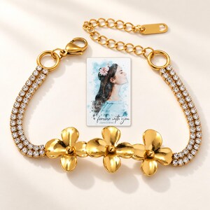 Gold Tone Flower Bracelet, macro detail view. A personalized digital greeting card is shown alongside.