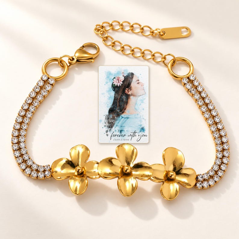 Gold Tone Flower Bracelet, macro detail view. A personalized digital greeting card is shown alongside.