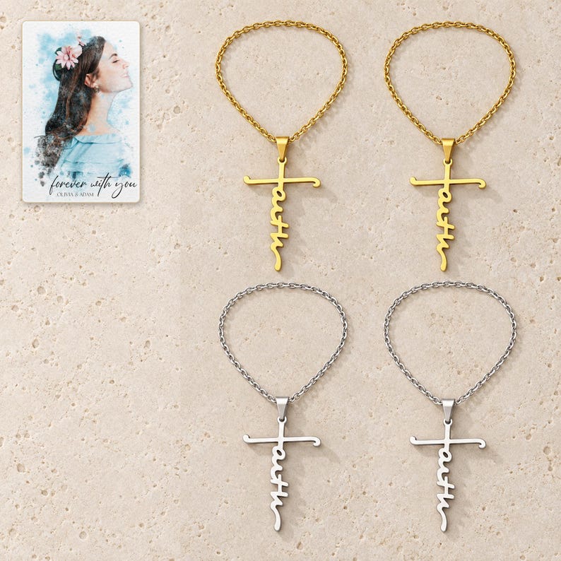 Faith Together Cross Necklace Set shown as the main Etsy hero photograph with a clear view of the complete design. A personalized digital greeting card is shown alongside.