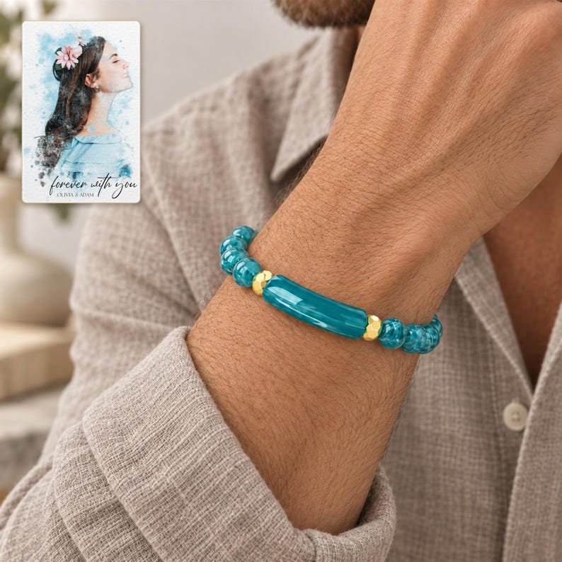 Peacock Tide Bar Bracelet worn by an adult in a natural daytime lifestyle scene. A personalized digital greeting card is shown alongside.