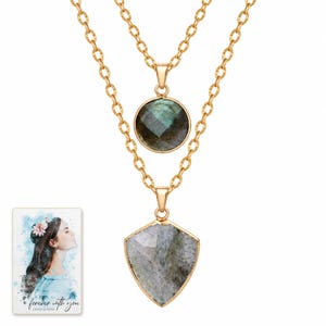 Layered Shield Necklace, catalog view. A personalized digital greeting card is shown alongside.