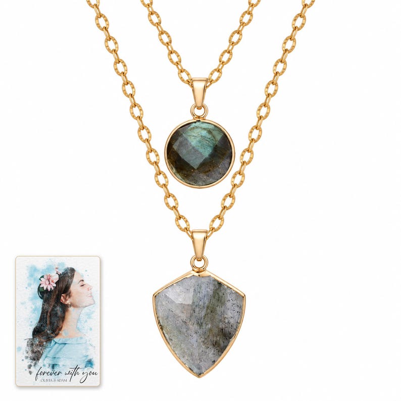 Layered Shield Necklace, catalog view. A personalized digital greeting card is shown alongside.