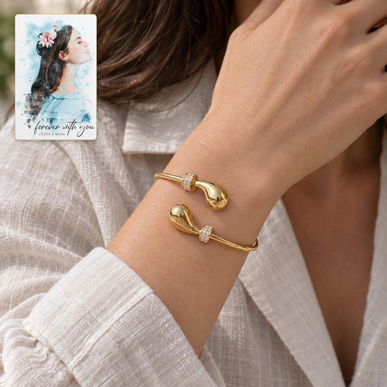 Gold Tone Cuff Bracelet, worn by an adult. A sample personalized digital greeting card is shown alongside.