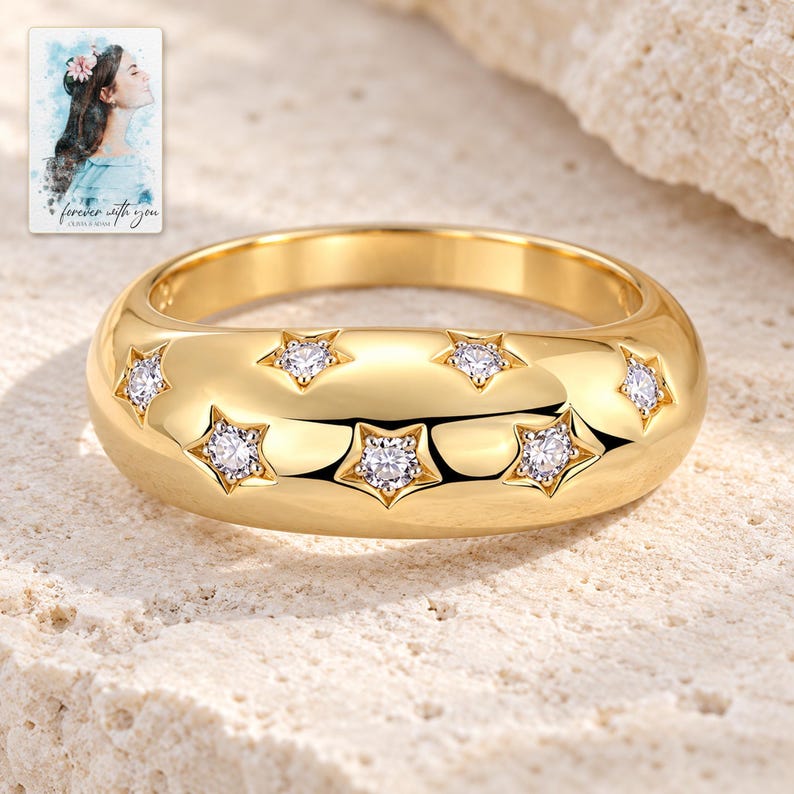 Star Set Moissanite Ring, shown on a display surface. A sample personalized digital greeting card is shown alongside.